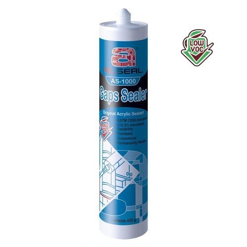A white tube with a blue label, featuring the text "LOW VOC ALSEAL AS-1000 Gaps Sealer Original Acrylic Sealant ASTM C920" along with additional specifications. The tube is cylindrical and made of plastic.