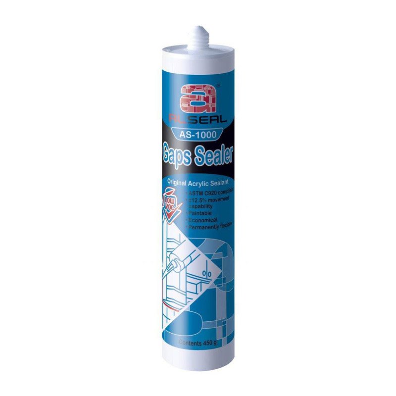 A white tube with a blue label, featuring the text "LOW VOC ALSEAL AS-1000 Gaps Sealer Original Acrylic Sealant ASTM C920" along with additional specifications. The tube is cylindrical and made of plastic.