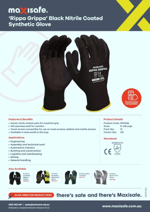 A flyer for Maxisafe featuring the 'Rippa Grippa' black nitrile coated synthetic glove, including product details, features, benefits, applications, and standards. The gloves are displayed with hands in a gripping position.