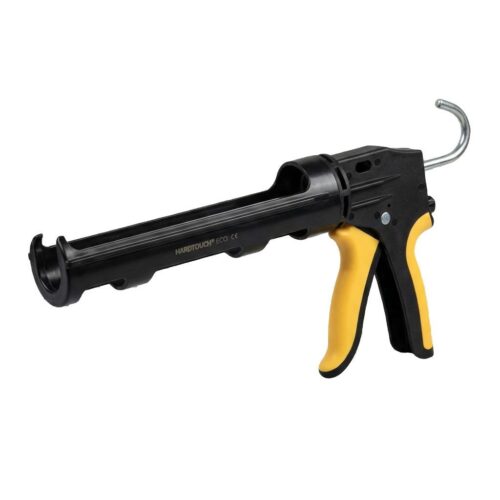 A black and yellow caulking gun with a smooth grip, featuring a trigger and a visible gun barrel. The design incorporates both hard edges and curved surfaces, showcasing its sleek appearance.